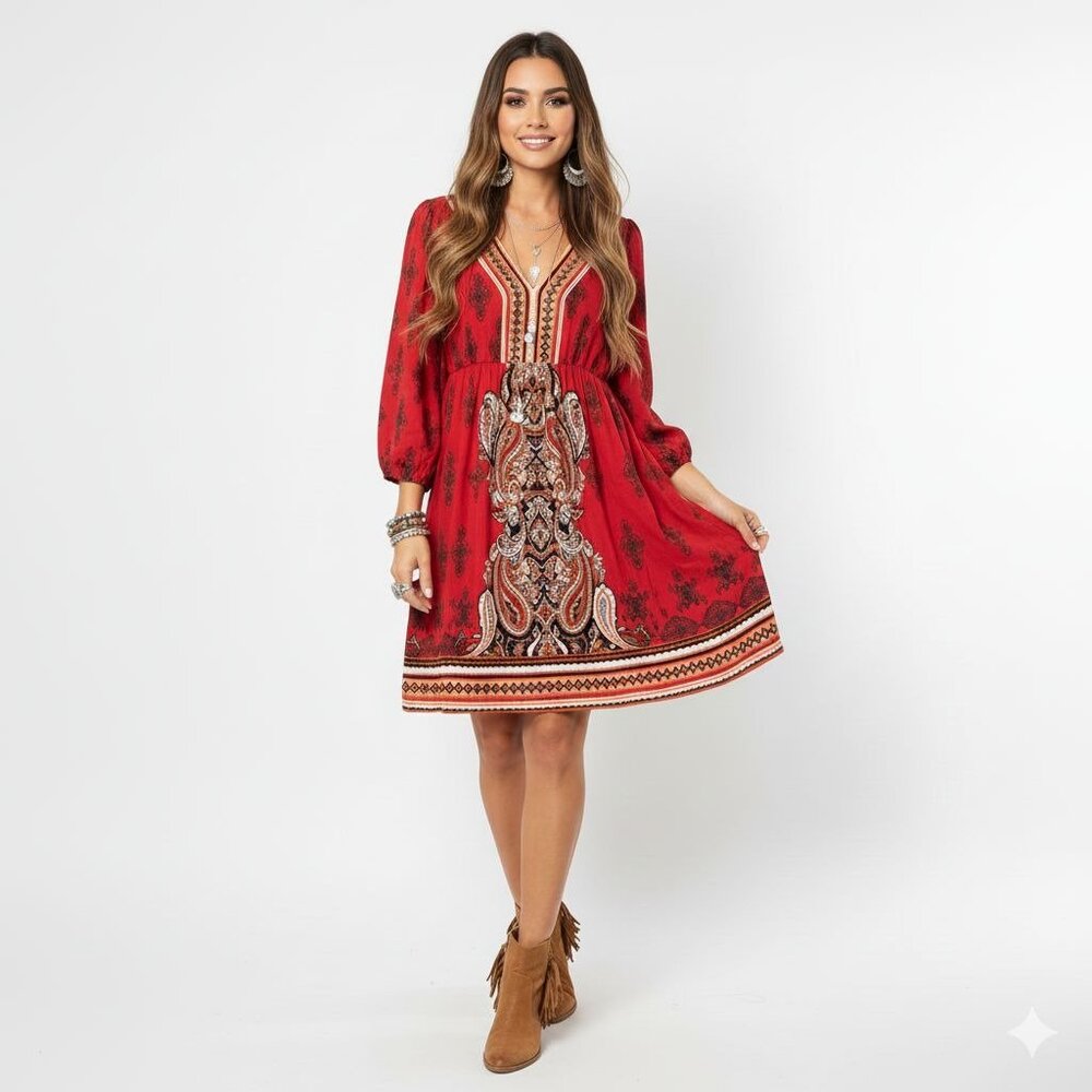 As U Wish Long Sleeve Mini‎ Dress Size Medium Boho Chic Hippie Global Vneck Date